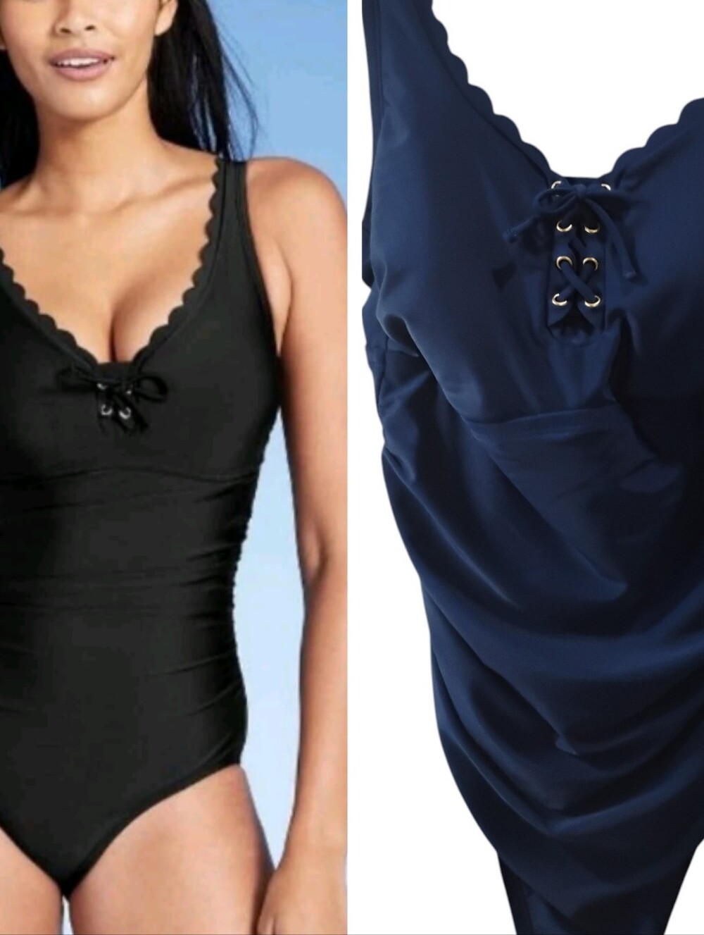 KONA SOL True Navy SCALLOPED V Neck GOLD Grommets Ties ONE PIECE SWIM SZ 14 NWT